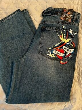 Ed Hardy Men's Blue Straight Jeans with Multicolor Embroidered Pocket Art